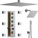 Tempreature Display Shower System Brushed Nickel Shower Faucet Set with 12 and 8 inch Shower Head, with 6 Body Jet, Handheld Spray