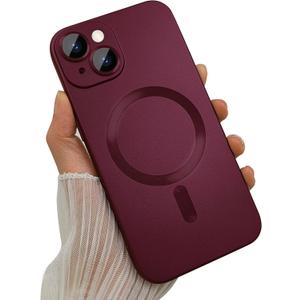 Magnetic Case for iPhone 15 Plus Phone Case for Women, Matte Luxury Soft Metallic Luster Design and Camera Lens Protector, Compatible with Magsafe Case for iPhone 15 Plus 6.7"-Red 