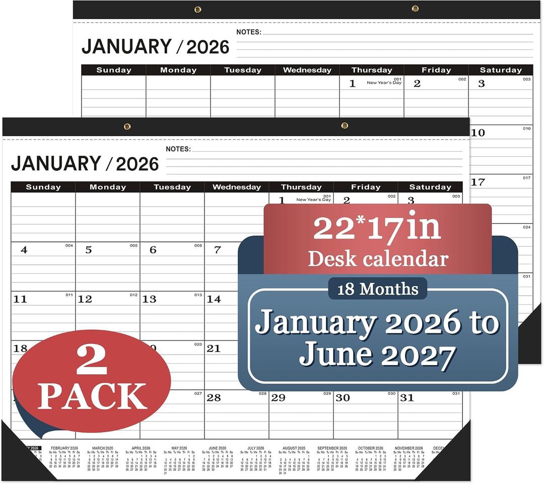 Desk Calendar 2026, Desk Calendar 2026 Large 22 x17(January 2026 - June 2027),2026 Calendar,Classic Black,Large Calendar 2026-2027 with Plastic Cover(2 PACK), 2026-2027-JAN-2PCS