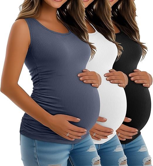 Riyiper 3 Pack Women's Maternity Tank Tops, Sleeveless Cotton Pregnancy Shirts Ribbed Knit Sides Ruched Basic Mama Clothes, Large, Blue, White, Black
