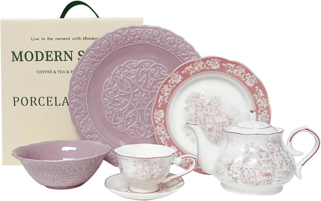 ACMLIFE Dinnerware Sets for Women, 6-Piece Porcelain Relief Dinner Set for Kitchen Service with 1 Bowl, 1 Plate, 1 Salad Plate, 1 Teapot, 1 Teacup and 1 Saucer, Christmas Gifts (Rose, 6)