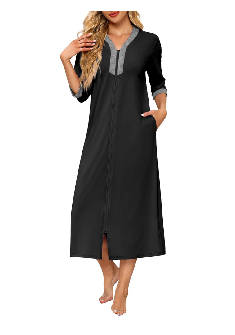 Ekouaer Women's Zipper Robe 3/4 Sleeves Housecoat Full Length Nightgown Soft Loungewear Robe with Pockets, L