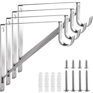 4 Pack Heavy Duty Closet Rod Brackets Holder 11 x 11 x 1 Inch, Electroplated Silver Closet Rod Support Bracket Steel Closet Rod Holders, Wall Mounted Shelf and Rod Support Bracket