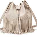 Leather Bucket Bags for Women Crossbody Fringe Purses with Drawstring Ladies Tassel Hobo and Shoulder Handbags