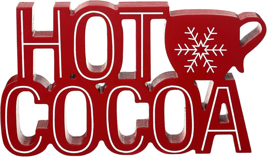 Roowest Christmas Hot Cocoa Bar Sign, Hot Cocoa with Mug Words Wood Tabletop Decoration Coffee Bar Wooden Block Sign for Table Shelf Home Kitchen Coffee Shop