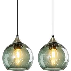 LBSQJ Gray Green Glass Pendant Lights Kitchen Island Lighting Globe Pendant Light Fixtures Modern Pendant Lighting for Kitchen Island Bedroom Living Dining Room Light Fixture(5.9in, 2-Pack)