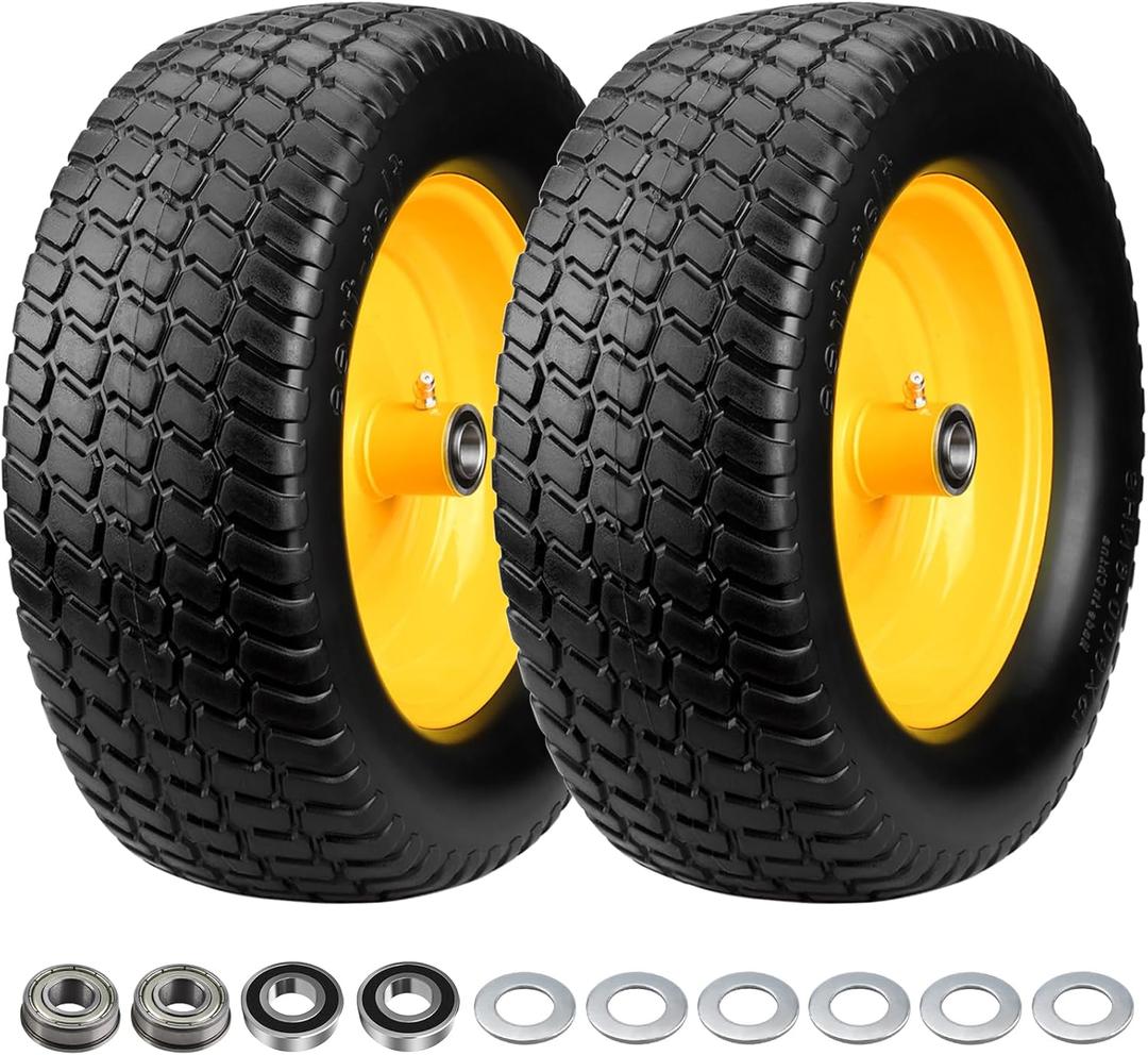 2PCS 15x6.00-6 Lawn Mower Tire Flat Free, 15x6-6 Tire and Wheel, 15x6-6 Front Tire for John Deere (Most 100 &300 Series) /Husqvarna Riding Mowers, with 3/4"& 5/8" Bearings & 3" Offset Hub (15x6.00-6 Solid TiresYellow Rim))