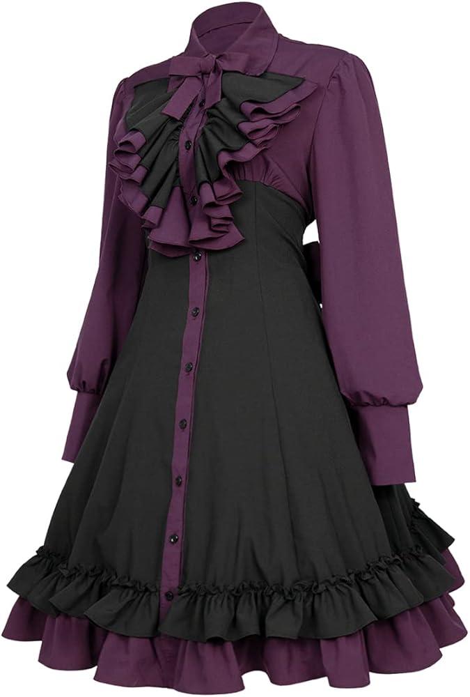 Vintage Women's Gothic Contrast Color Dress Long Sleeve Ruffle Dress , S