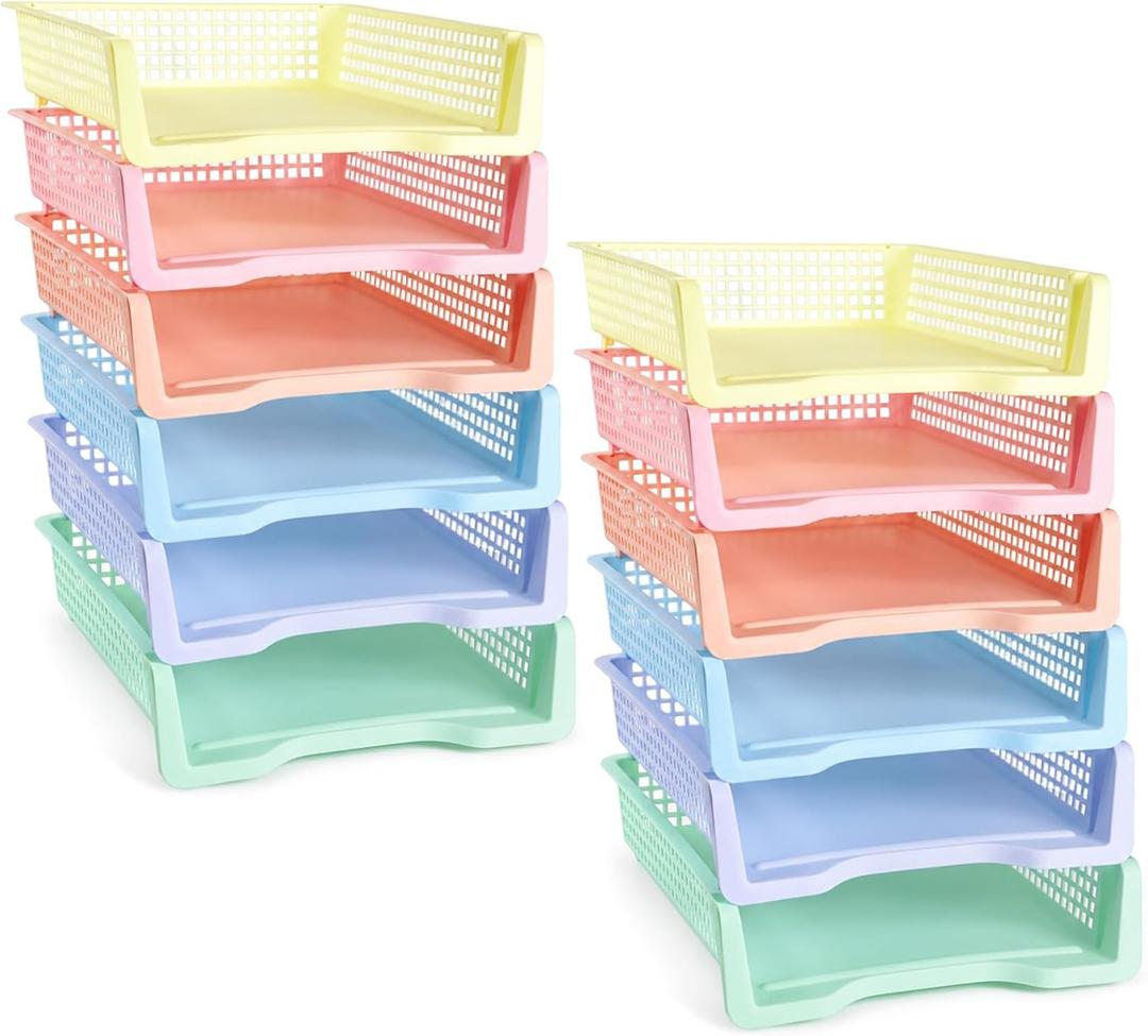 Set of 12 Pastel Turn in Trays for Teachers Stackable Classroom Paper Letter Trays Plastic Classroom Desk Letter Organizer Tray Storage Baskets for Library, Drawers, Office, Home