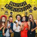 Black and Gold Birthday Decorations for Men Women, Black and Gold Party Decorations Include Crown Hanging Swirls Sach Tablecloth Cake Toppers Banner for Gold and Black Birthday Decorations for Dad