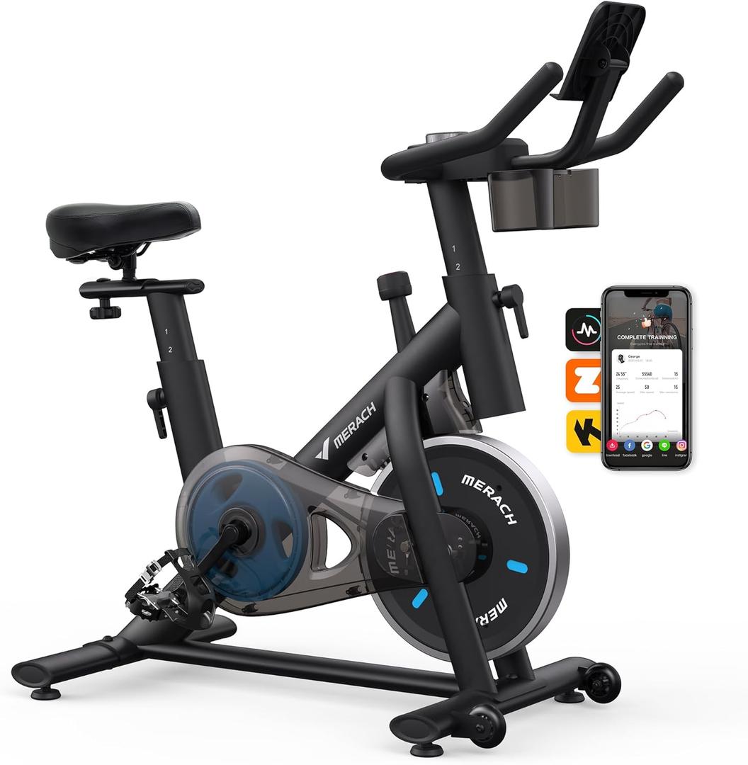 MERACH Exercise Bike, Brake Pad Stationary Bike with Exclusive App, Low Noise Indoor Cycling Bike with 300lbs Weight Capacity, Tablet Mount and Fitness Courses for Weight Loss (Friction-Black)