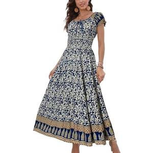 OSTOO Women's 2025 Summer Short Sleeves Boho Floral Print Tiered Casual Flowy Long Maxi Dress, Large