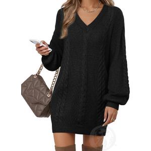 Women's Pullovers Jumper Sweaters Lantern Sleeve Casual V Neck Fall Knit Mini Sweater Dresses (X-Large, Black)
