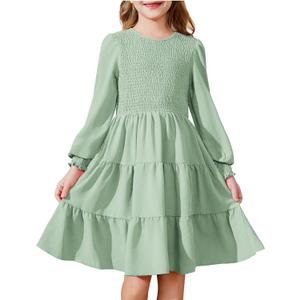 Arshiner Girls Dress Fall Boho Long Sleeve Shirred Smocked Tiered Party Dresses with Pockets (11-12 Y, Sage Green)