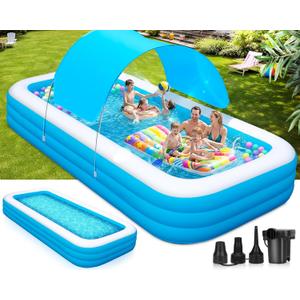 Extra Large Inflatable Pool for Adults and Kids, 145" x 74" x 22" Blow Up Pool for Family, Oversized Inflatable Pools with Canopy & Pump, Large Inflatable Swimming Pool for Backyard Outdoor