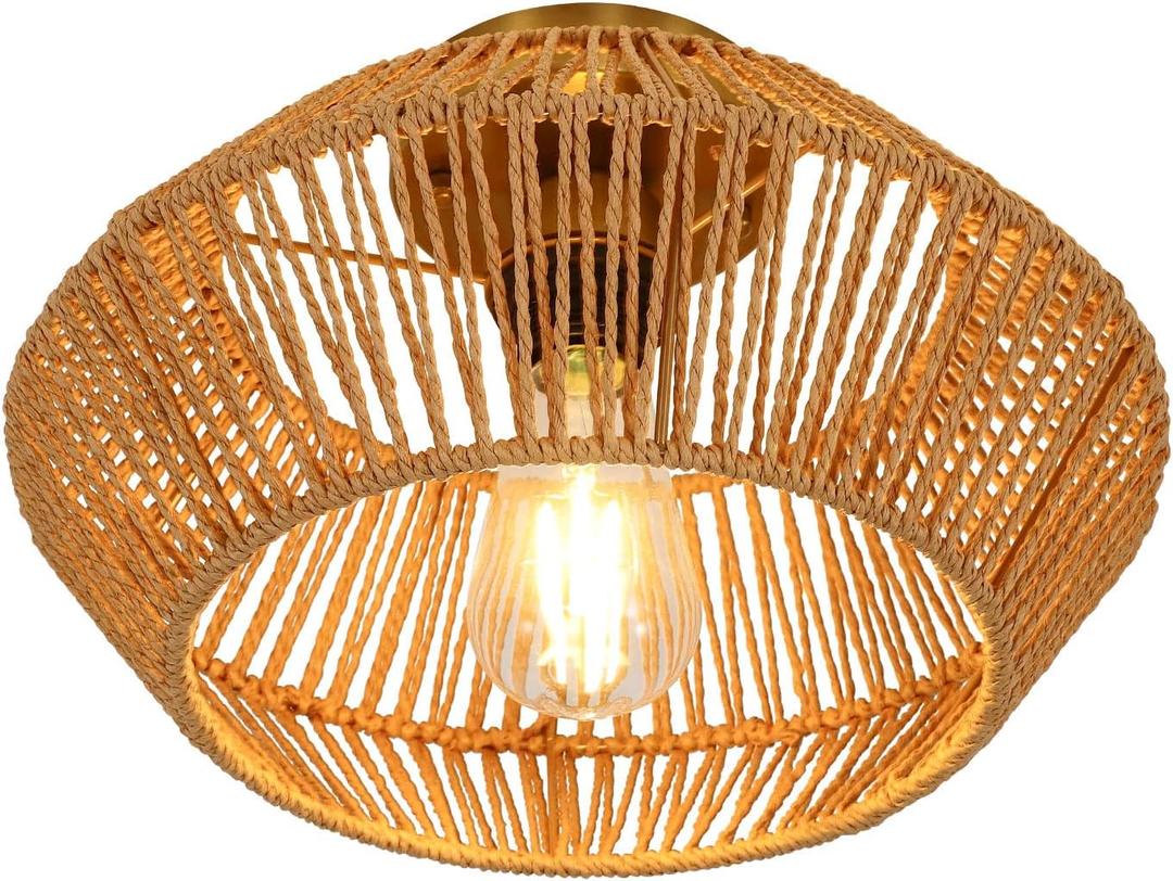 Eapmic Hand-Woven Ceiling Light, Lantern Lamp Single Light Weaving Natural Ceiling Hanging Fixture with Adjustable Cord for Kitchen Dining Room Restaurant Farmhouse