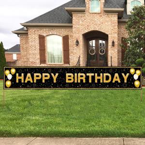 ANATANOWOR Large Happy Birthday Banner, Black and Gold Birthday Decorations, Happy Birthday Banner Yard Signs, Birthday Indoor Outdoor Party Decorations (118" X 20")