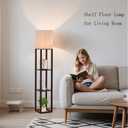 HomeFocus - Floor Lamp with Shelves, Shelf Floor Light with LED Bulb, Modern Wood Shelf Standing Lamp, Corner Display Floor Lamp for Living Room, Bedroom, Office, Linen White Shade, Wood, Brown.