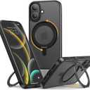 NIMASO for iPhone 16 Case with 360 Spin Magnetic Stand, Compatible with MagSafe, Shockproof Military-Grade Protection Cover, Anti-Yellowing Translucent Matte Phone Case for iPhone 16 (6.1 inch),Black