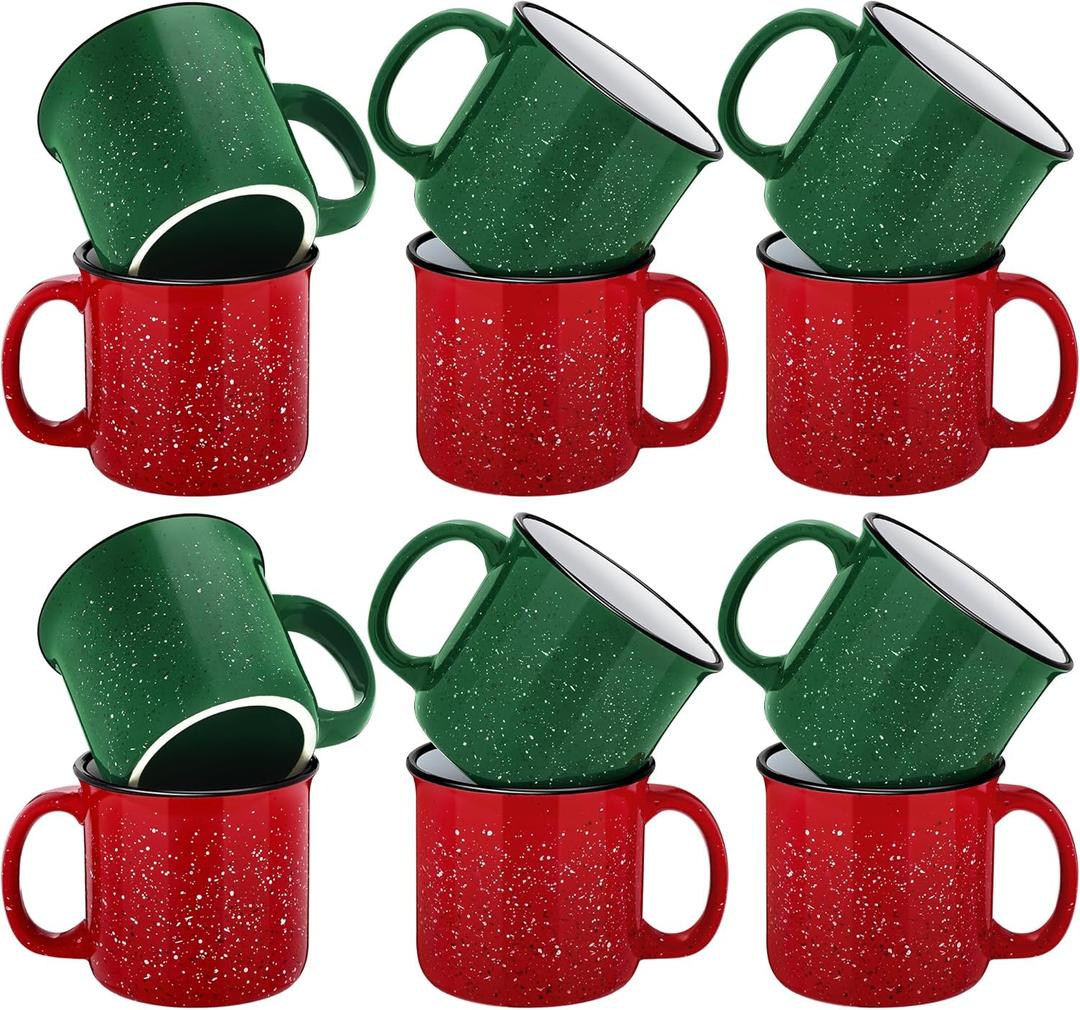 TURSTIN Set of 11 Ceramic Coffee Mugs 15 oz Speckled Christmas Red Green Campfire Camping Cups with Handle Stoneware Enamel Camping Mugs for Drinking, Coffee, Cocoa, Hot Chocolate Tea Campfire Gift