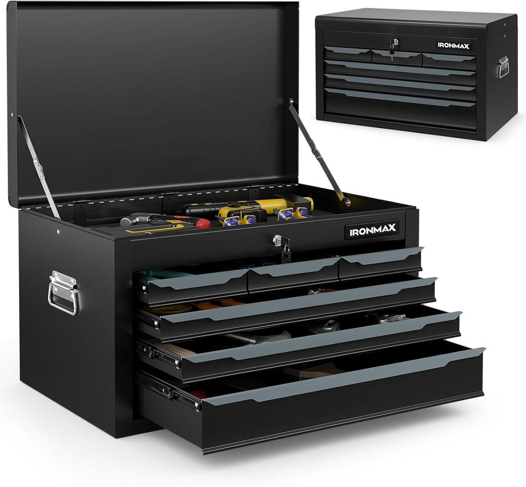 Tool Box, 6-Drawer Steel Tool Chest with Top Storage Automatic Lock & EVA Liner, Portable Tool Storage Organizer for Repair Shop Garage Warehouse (Black)