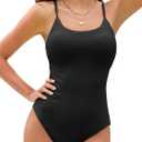 ZAFUL Women's One Piece Swimsuit Ribbed Open Back Bathing Suit Tummy Control Scoop Neck Adjustable Straps High Cut Swimwear (Medium, 0-ocean Depths Black)