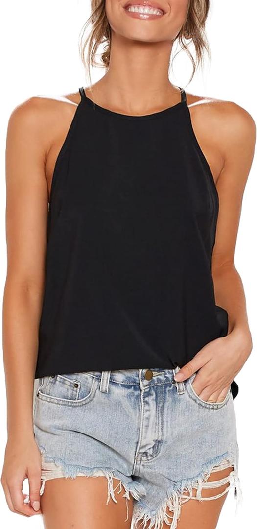 LouKeith Womens Tops Sleeveless Halter Racerback Summer Casual Shirts Basic Tee Shirts Cami Tank Tops Beach Blouses Black S