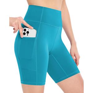 Moozava Biker Spandex Shorts Women Workout Gym Yoga Athletic Running Volleyball Booty Tummy Control High Waisted Soft Compression No See Through Pockets 8" XL Turquoise Green