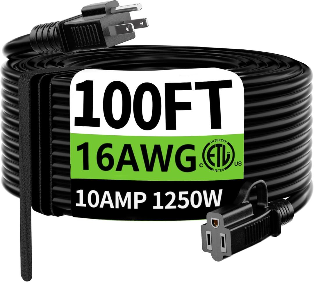HUANCHAIN Indoor Outdoor Black Extension Cord 100 ft Waterproof, 16/3 Gauge Flexible Cold-Resistant Appliance Extension Cord Outside, 10A 1250W 16AWG SJTW, 3 Prong Electric Cable, ETL