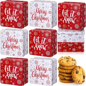 Tandefio 6 Pcs Christmas Cookie Tins with Lids for Gift Giving, 6.3 x 6.3 In Square Metal Holiday Empty Boxes Xmas Storage Containers for Storing Candy Cookie Biscuits Goody Treat Gifts (White,Red)