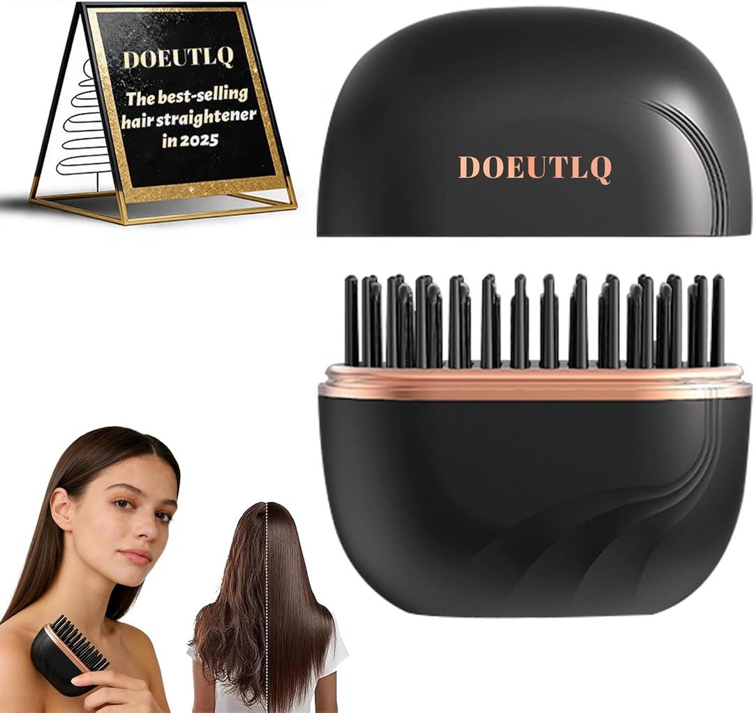 Mini Hair Straightener Portable 2026 Cordless Curling Iron Small Flat Steam Hair Straightener Brush Travel Hot Styling Tools for Women Wireless Tiny Ceramic Hairdressing Comb Size (Black)