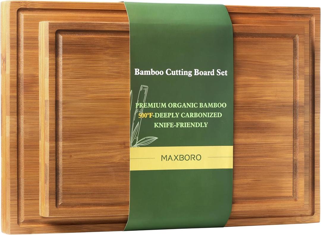 Bamboo Cutting Board Set, 2PCS Double-Sided Chopping Boards for Kitchen Meal Prep & Serving, Charcuterie, Juice Grooves & Side Handle, Ideal for Meat, Vegetables, Kitchen Essentials (14.9"L x 0.6"W, Light Brown)