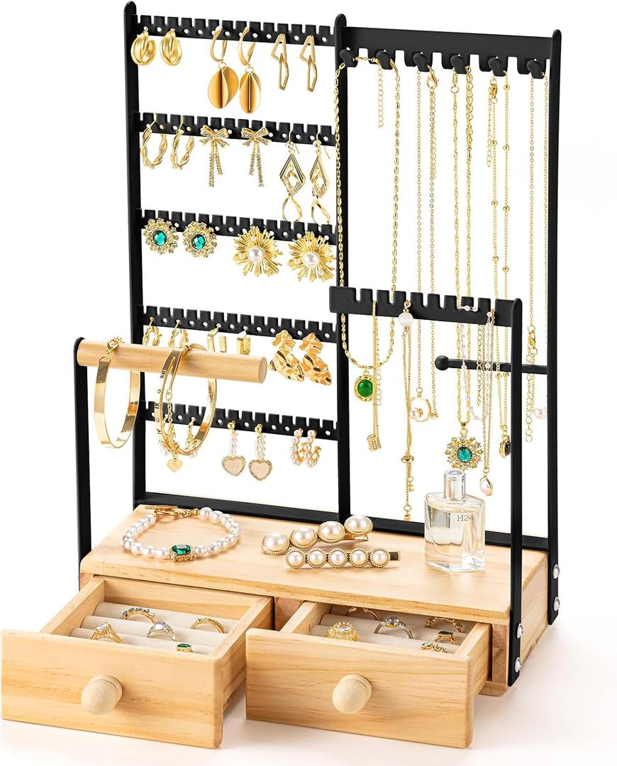 DreamGenius Jewelry Organizer Stand with 2 Velvet Ring Holder Drawers, 5 Tier Jewelry Holder Organizer with 11 Hooks for Necklaces and 145 Holes for Earrings, Black