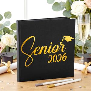 2026 Graduation Guest Book 8.7'' x 8.7" with 2 Markers Senior 2026 Scrapbook Graduates Keepsake Gift Hardcover Black Gold Foiled Photo Album Picture Book for Graduation Party Supply 144 Pages