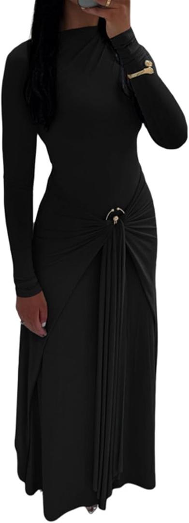 Geulis Long Sleeve Spring Fall Maxi Dress 2026 Elegant Bodycon Wrap Long Dress Cocktail Party Wedding Guest Dresses (Black, S)