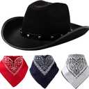 Spooktacular Creations Western Cowboy Hat, Felt Hat, Cowboy Cowgirl Accessory Set with 3 Pcs Bandanas for Halloween Party (Black)