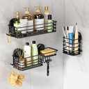 LEVERLOC Shower Caddy Suction Cup, 3 Pack Heavy Duty Bathroom Organizer for Inside Shower with Hooks & Soap Holder, Removable Bathroom Organizer, Rustproof Black Holder Storage