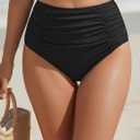 Blooming Jelly Womens High Waisted Bikini Bottoms Tummy Control Swim Bottom Ruched Full Coverage Retro Swimwear (Black, L)
