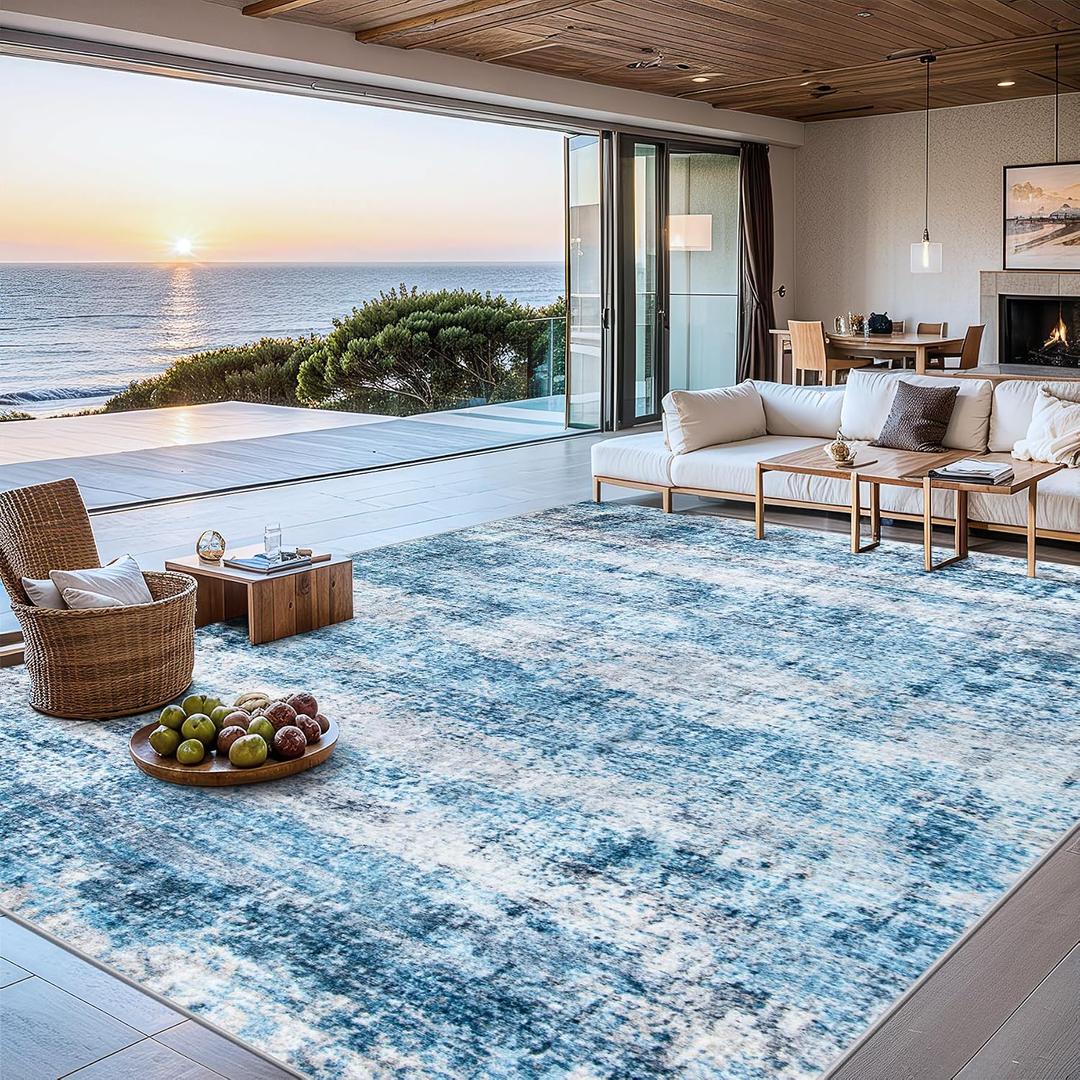 Area Rugs 9x12 Living Room - Washable Rug Modern Abstract Soft Large Neutral Non-Slip Carpet Indoor Floor Thin Carpets for Bedroom Dining Room Farmhouse Nursery Home Office Blue Grey
