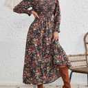 LIGHT DOT Women's Square Neck Casual Floral Dress Long Sleeve Printed Maxi Fall Dress Smocked Flowy (Orange Green,S)