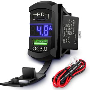 Rocker Switch USB Type C Charger with New Updated Ammeter and Voltmeter Universal Fits Rocker Switch Panel 12V 24V Dual USB Charging Port Outlet for RV Cars Marine Boats ATVs Trailers (Blue)