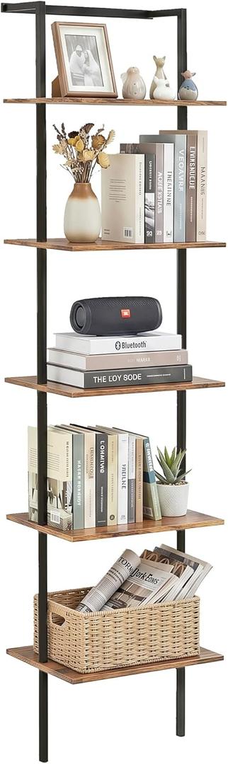 5-Tier Ladder Shelf, Wall Mounted Ladder Bookshelf with Metal Frame, Wood Tall Open Storage Rack and Display Shelves for Home Office Bedroom Living Room, Rustic Brown