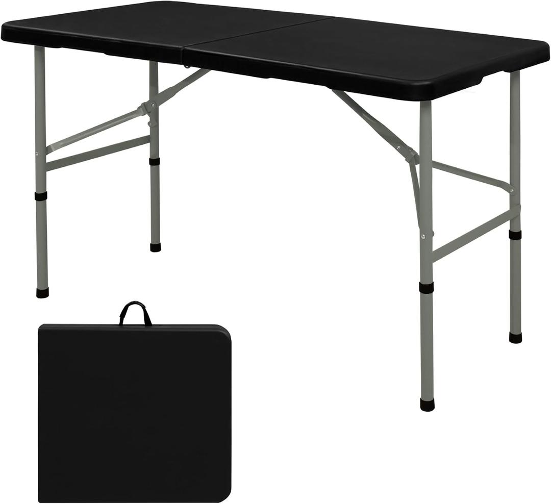 Folding Table 4FT Camping Table Portable Heavy Duty Plastic Rectangular Outdoor Dining Table Steel Legs Fold-in-Half with Carrying Handle for Indoor,Picnic,Party,Wedding,Events(Black)
