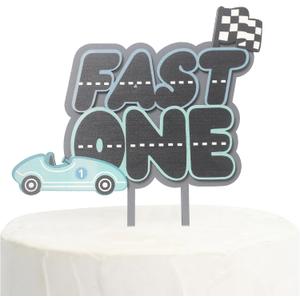 Race Car First Birthday Cake Topper, Fast One Theme Party Decoration, Blue and Gray Wooden Cake Topper