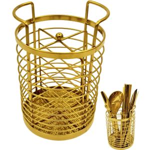 ZECNG Gold Kitchen Divided Organizer, Kitchen Countertop Holder for Serving Utensils, Stainless Steel Mesh Storage Baskets for Holding Knife Fork Spoon