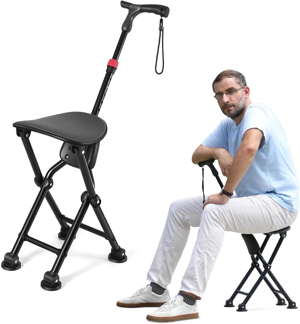 Hold 400 lbs Folding Canes with Seat, Allows Durability While Walking and Convenience for Sitting, Aluminum Portable Anti-Slip Cane Seat, Height-Adjustable Walking Cane.Black -Four Legged