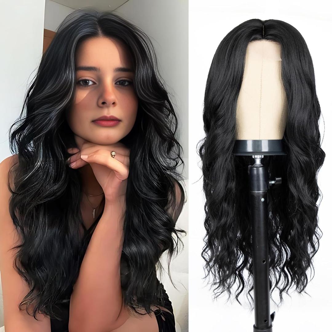 Long Black Wig for Women 26 Inch Middle Part Wavy Women Charming Hair Realistic Natural Looking Synthetic Heat Resistant Fiber Wig for Daily Party Use