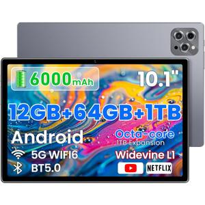 2026 Android Tablet 10.2 Inch, 6000mAh Long Battery Life. HD IPS Screen,12GB RAM 64GB ROM Expandable to 1TB, Dual Speakers, WiFi 6 - Budget-Friendly Tablet for Students, Family & Work (Gray)