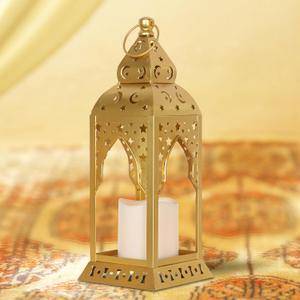DECORKEY Ramadan Decorations for Home, Ramadan LED Candle Lantern for Tabletop Mantel Decor, Vintage Metal Lantern Candle Holders for Indoor Outdoor Decor, Ramadan Kareem EID Mubarak Gift (1 Pc Gold Candle)