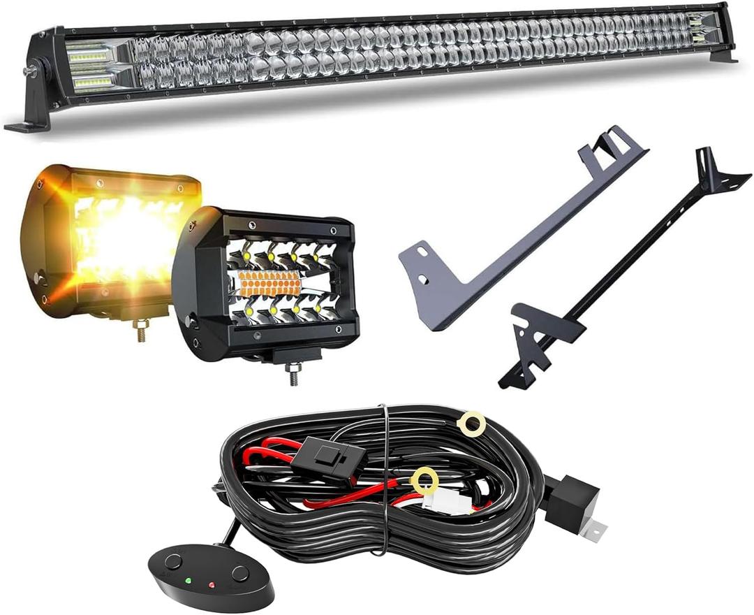 5D 52'' inch LED Light Bar + 4 inch White/Amber Yellow LED Pods Strobe Fog Light Spot Flood Offroad with Upper Windshield Mounting Brackets Switch Wiring Harness Fit Wrangler JK 2007-2018